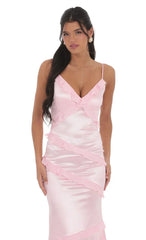Satin V-Neck Ruffle Mermaid Maxi Dress in Pink