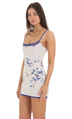 Double Strap Mesh Floral Bodycon Dress in White