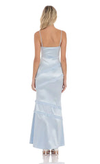 Satin V-Neck Ruffle Mermaid Maxi Dress in Light Blue