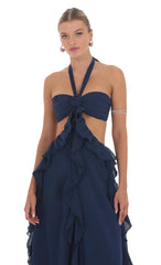 Chiffon Cutout Ruffle Maxi Dress in Navy