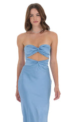 Satin Twist Cutout Maxi Dress in Light Blue