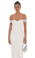 Tulle Off Shoulder Sleeve Maxi Dress in White