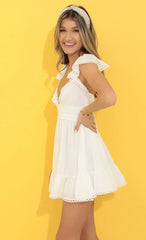Embroidered Trim V-Neck Dress in White