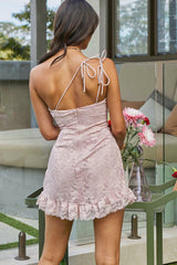 Love Divine One-Shoulder Double Strap Mini Dress Lace Blush