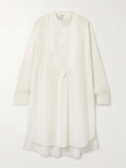 Asymmetric pleated cotton-blend poplin midi dress